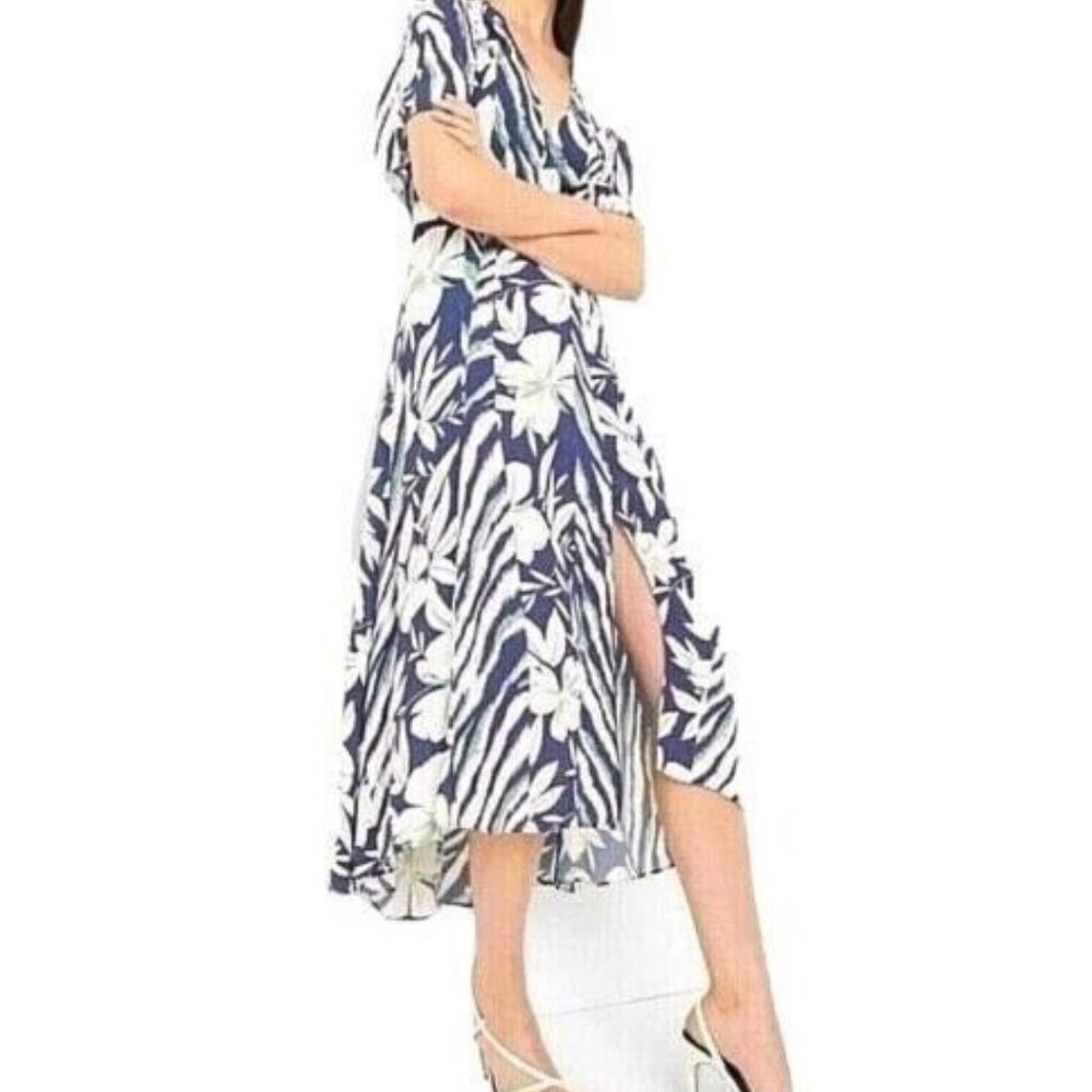 French Connection Floral Print Crepe Wrap Midi Dress Blue Floral Size 6 NEW